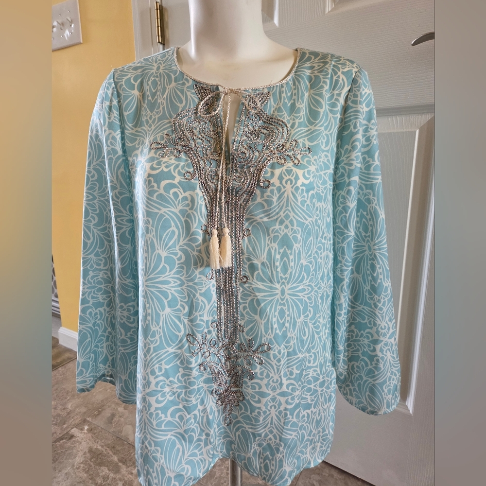 Chico's Floral Blue and White Top